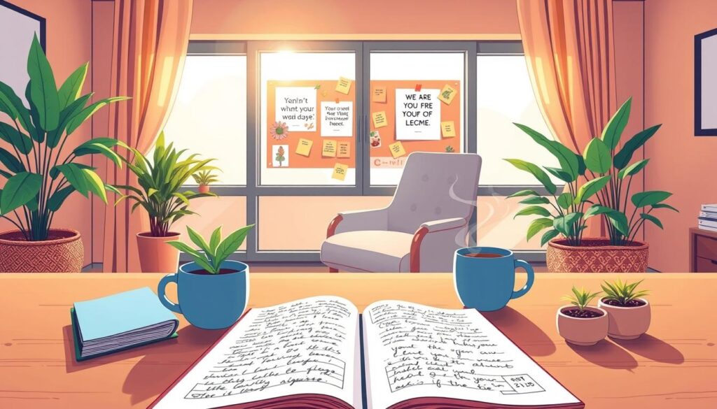 A neat desk with an open reflection journal, herbal tea and a small plant in soft daylight